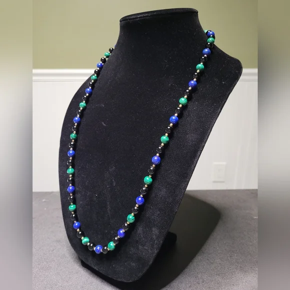 Natural Gemstone NecklaceLapis, Malachite & Onyx30”
